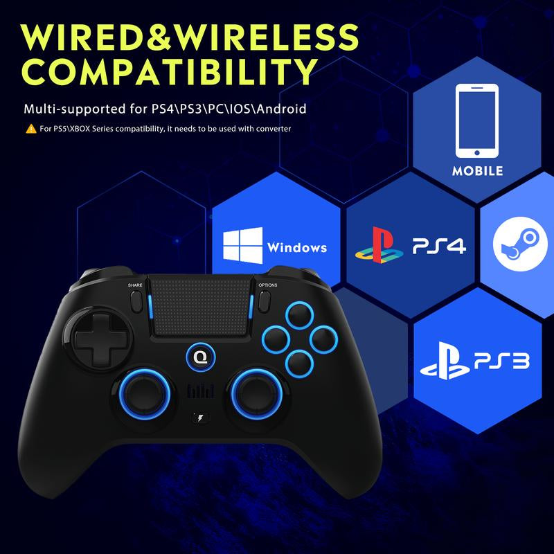 【QRD Spark N5】PS4 Wireless Controller with Hall Effect 9-Color LED and 4 Adjustable Vibration Intensity Controllers for Ps4/Ps3/Ps2/Pc/Tv/Tablets/ Android/Ios/Game Controller Console Accessories