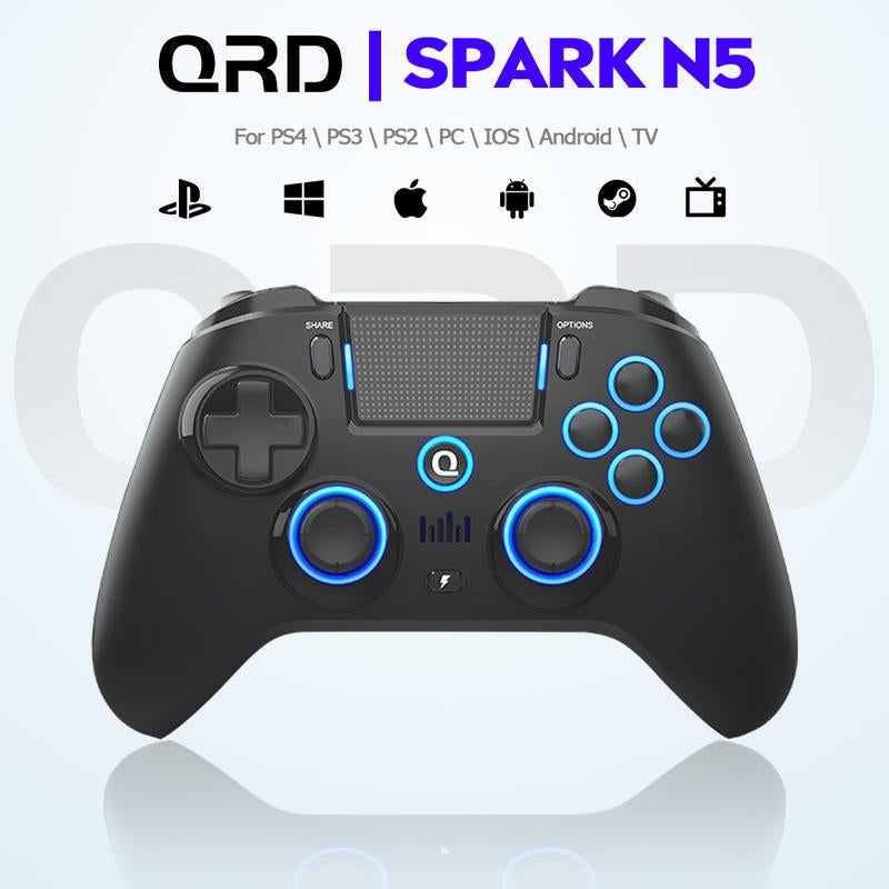 【QRD Spark N5】PS4 Wireless Controller with Hall Effect 9-Color LED and 4 Adjustable Vibration Intensity Controllers for Ps4/Ps3/Ps2/Pc/Tv/Tablets/ Android/Ios/Game Controller Console Accessories